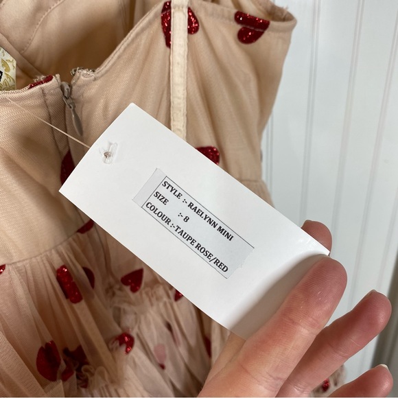 Asos exclusive Lace & Beads corset tiered mini dress in taupe rose heart sexy - Picture 8 of 11